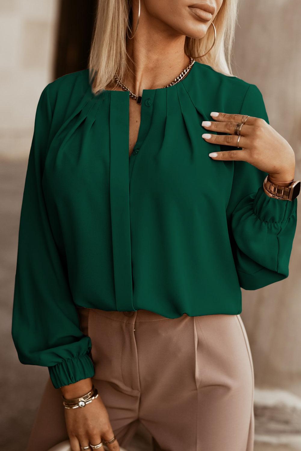 Button Up Round Neck Long Sleeve Shirt - Tantalize Boutique
