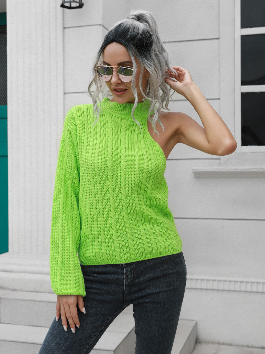 Cable-Knit Round Neck Asymmetrical Sweater - Tantalize Boutique