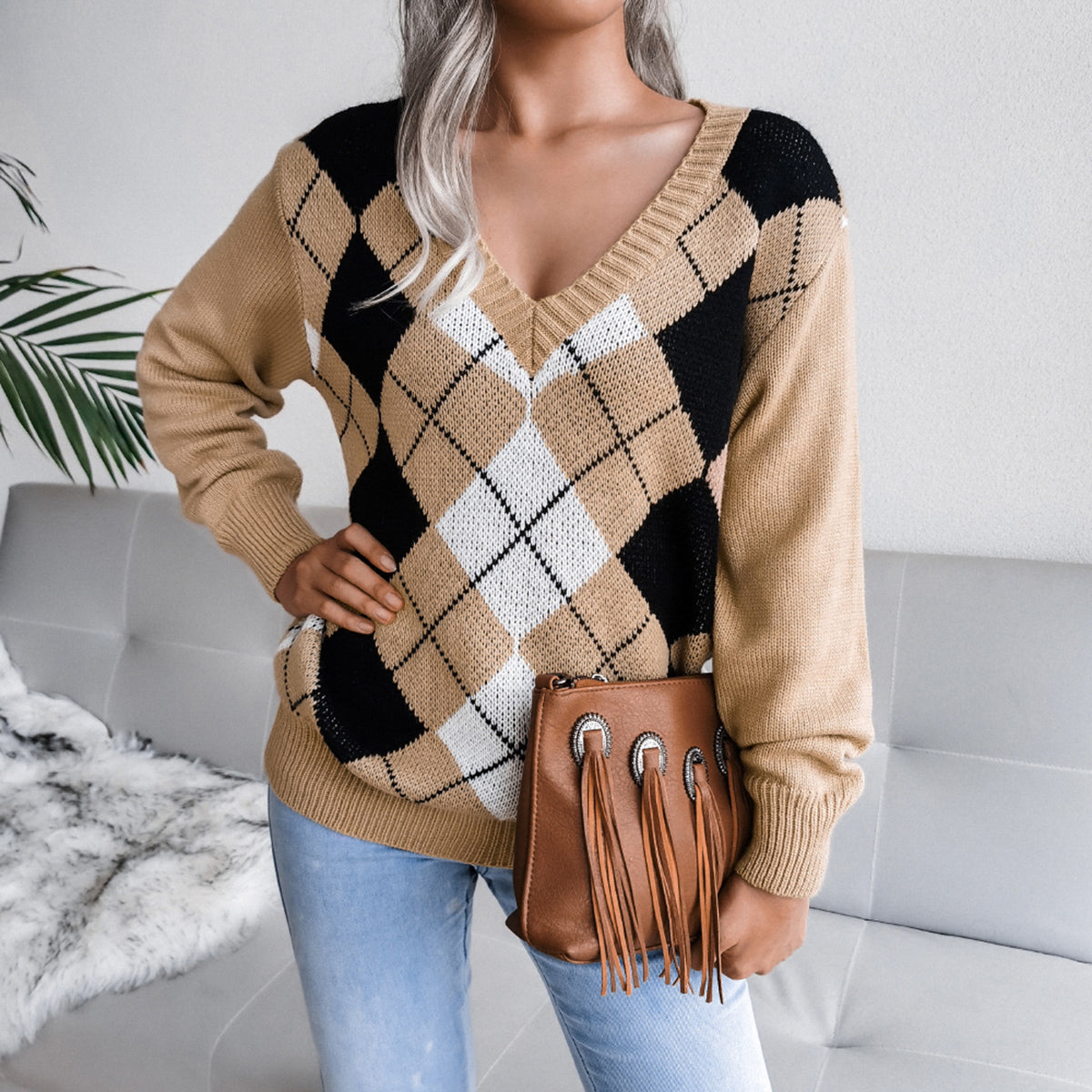Geometric V-Neck Sweater - Tantalize Boutique