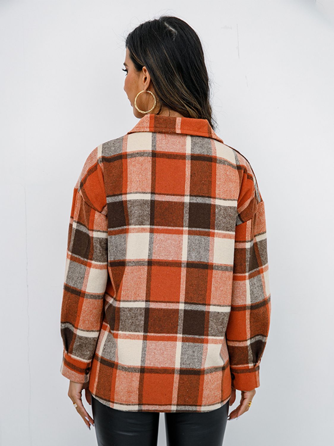 Plaid Button Up Collared Neck Jacket - Tantalize Boutique