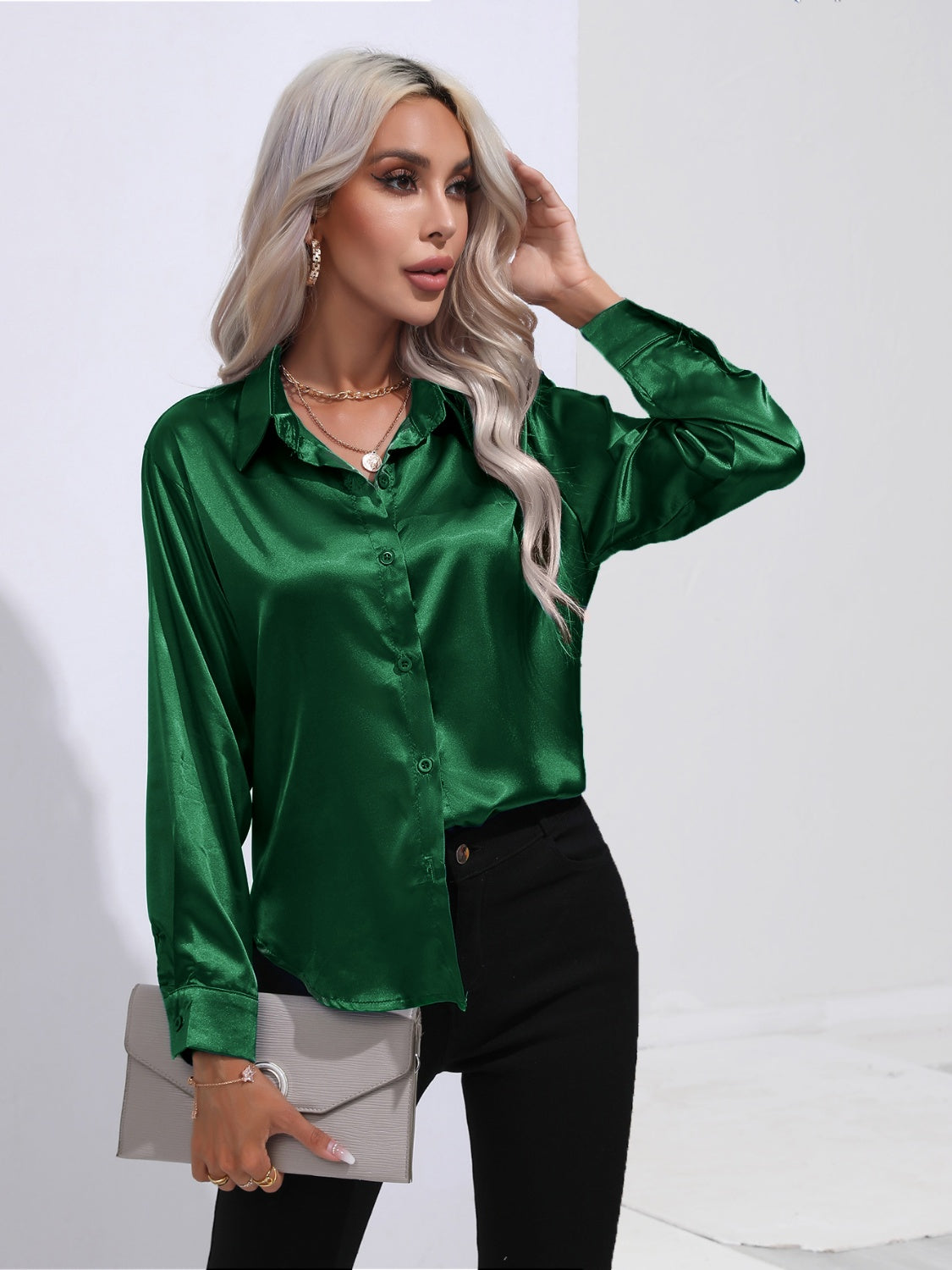 Collared Neck Buttoned Long Sleeve Shirt - Tantalize Boutique