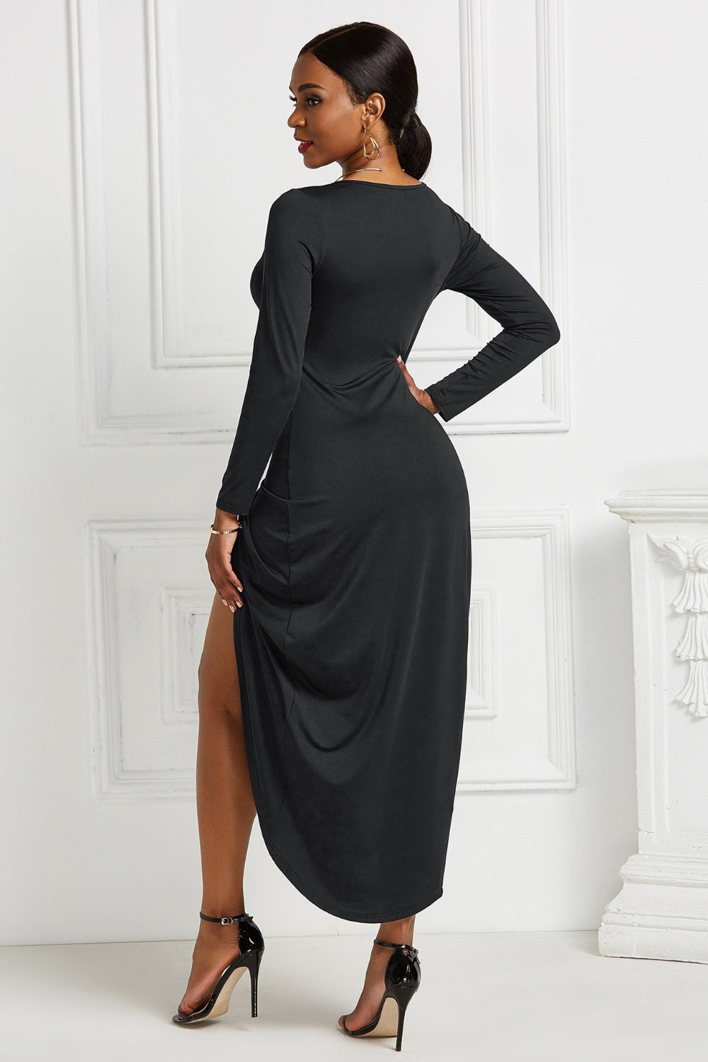 High-low Ruched Surplice Long Sleeve Dress - Tantalize Boutique