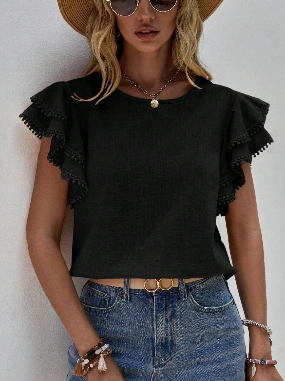 Ruffled Cap Sleeve Round Neck Blouse - Tantalize Boutique