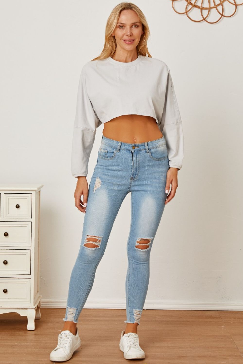 Round Neck Dropped Shoulder Cropped Sweatshirt - Tantalize Boutique