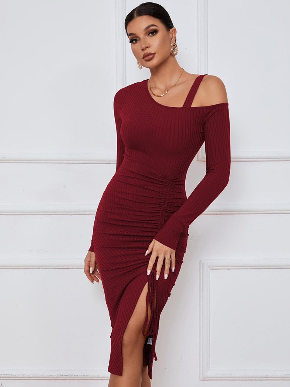 Ribbed Ruched Drawstring Wrap Dress - Tantalize Boutique