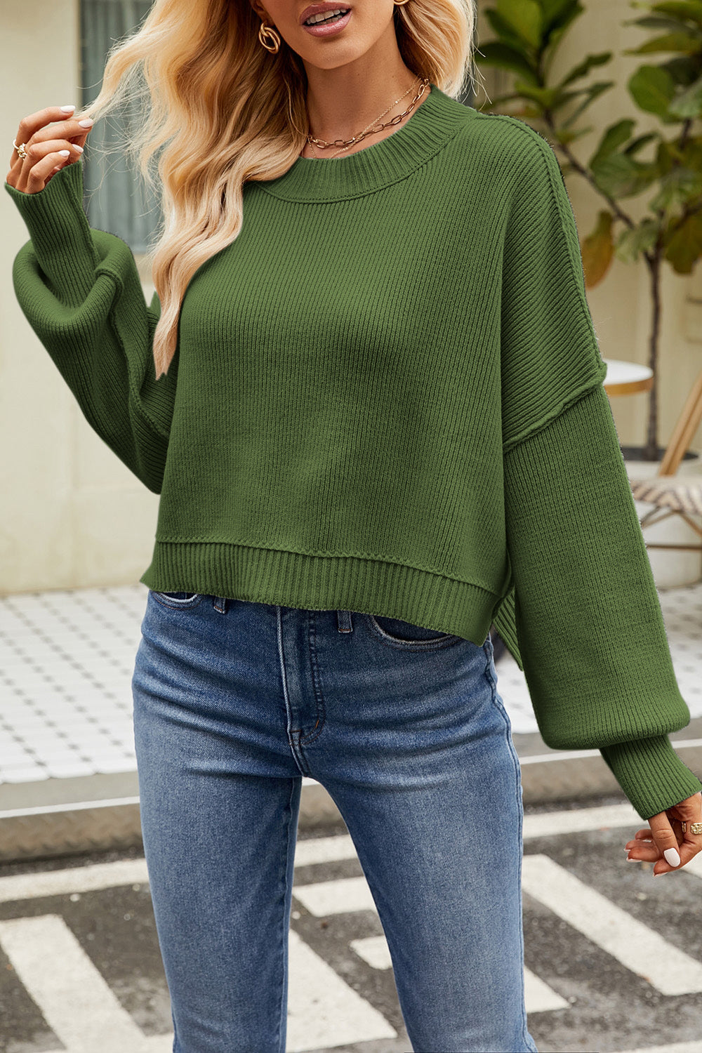 Round Neck Dropped Shoulder Sweater - Tantalize Boutique