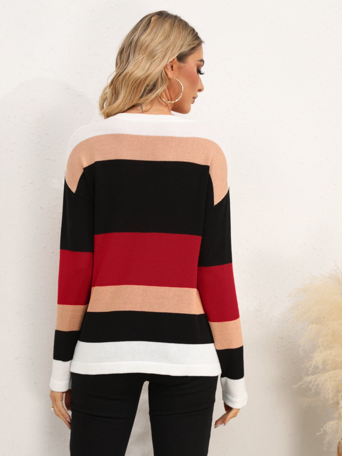 Striped Round Neck Dropped Shoulder Sweater - Tantalize Boutique