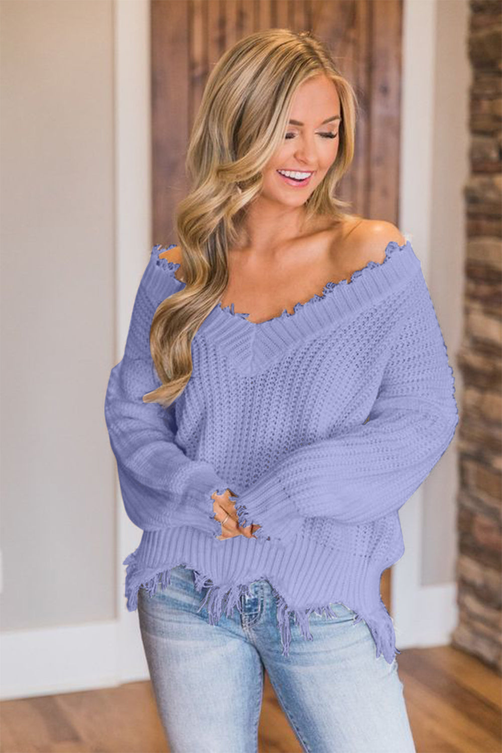 Frayed Hem Dropped Shoulder Sweater - Tantalize Boutique