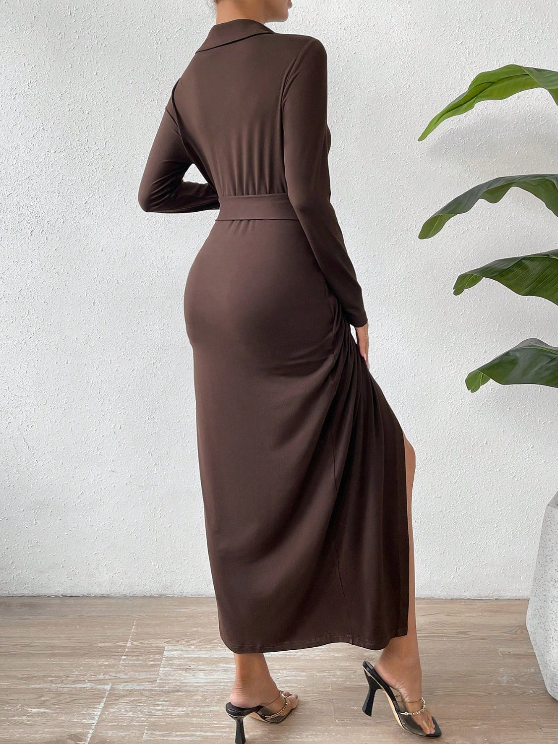 Tied Slit Long Sleeve Wrap Dress - Tantalize Boutique