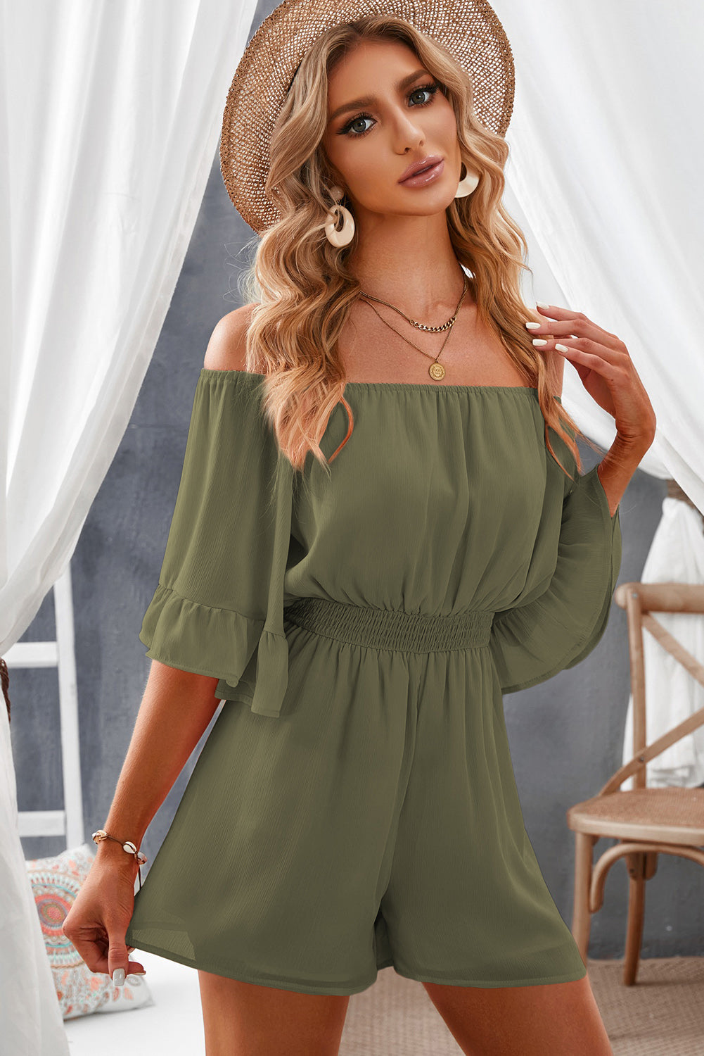 Off-Shoulder Smocked Waist Flounce Sleeve Romper - Tantalize Boutique