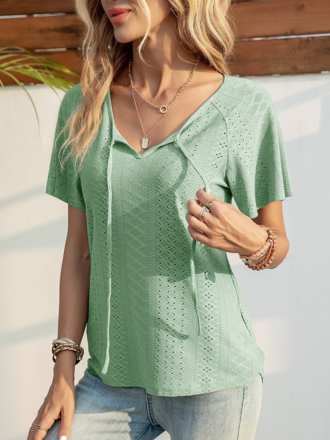 Eyelet Tie Neck Short Sleeve T-Shirt - Tantalize Boutique