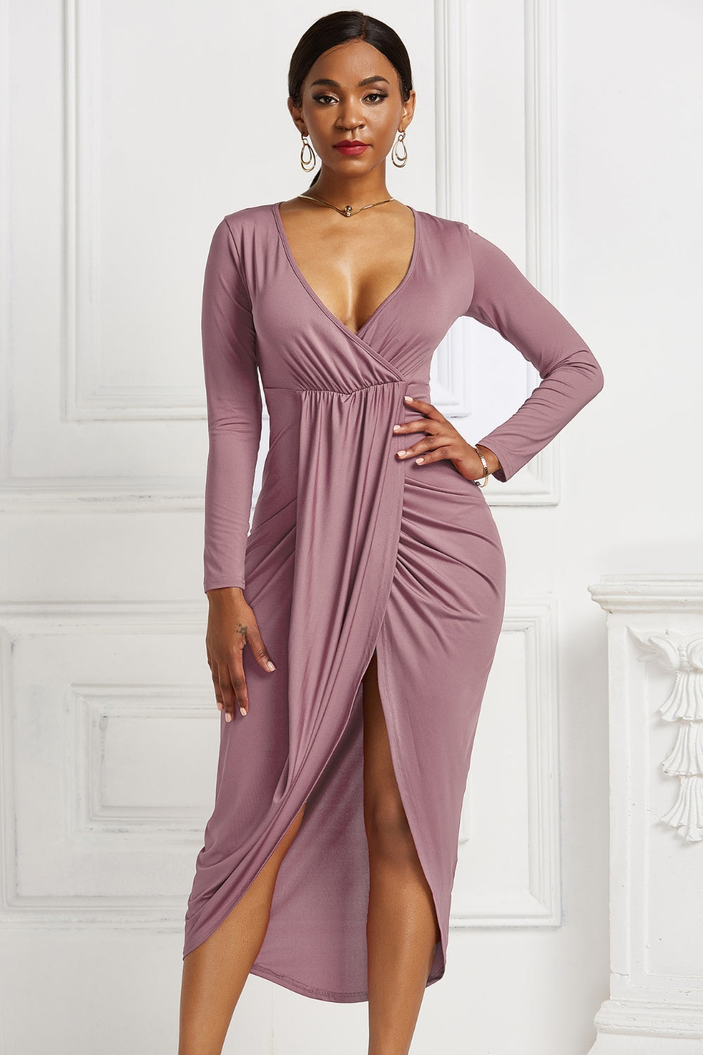 High-low Ruched Surplice Long Sleeve Dress - Tantalize Boutique