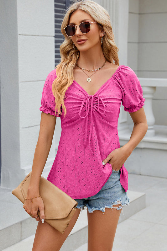Eyelet Drawstring Short Sleeve T-Shirt - Tantalize Boutique