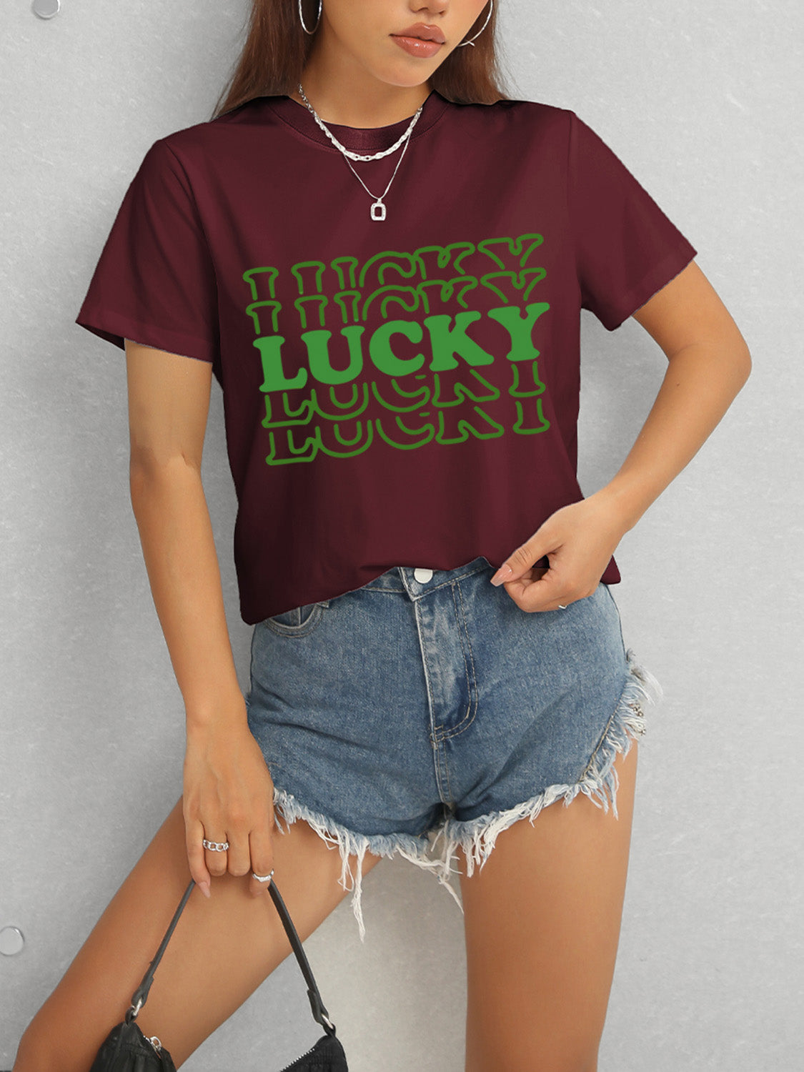 LUCKY Round Neck Short Sleeve T-Shirt - Tantalize Boutique
