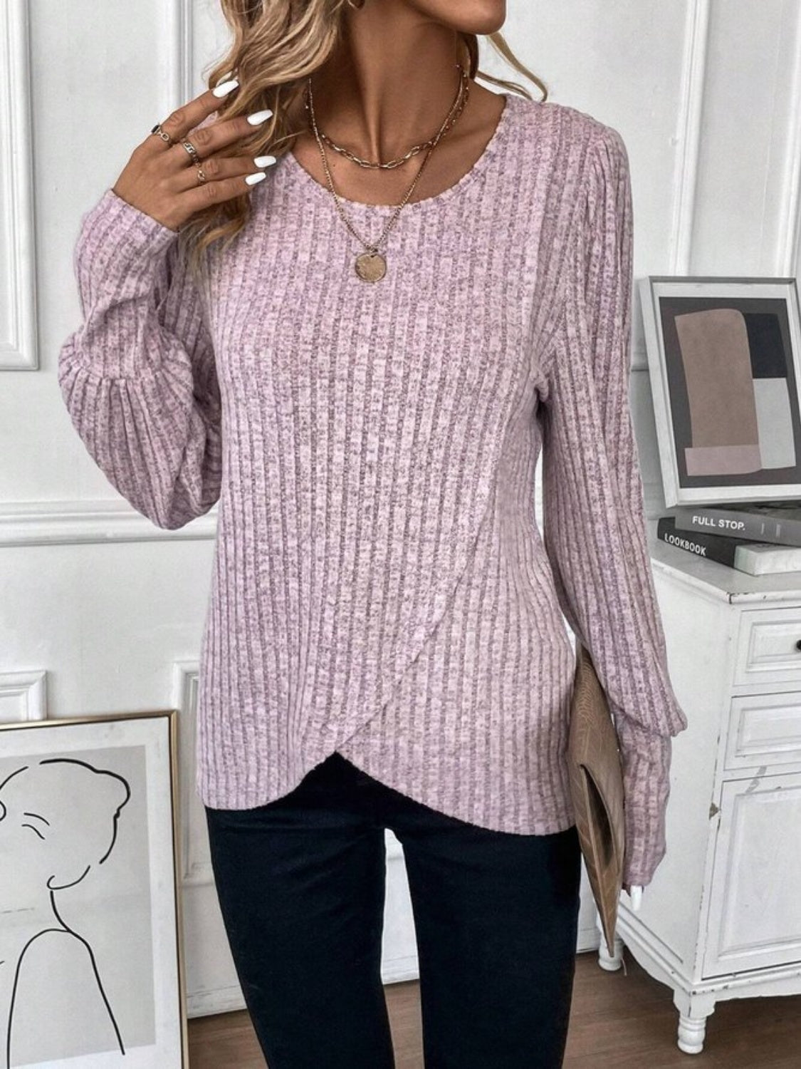Ribbed Round Neck Long Sleeve Knit Top - Tantalize Boutique