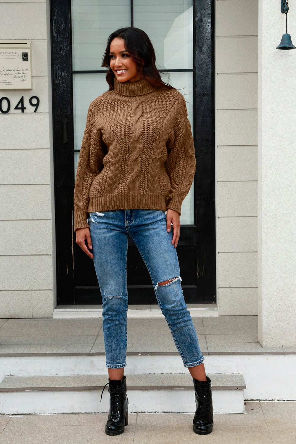 Cable-Knit Turtleneck Long Sleeve Sweater - Tantalize Boutique