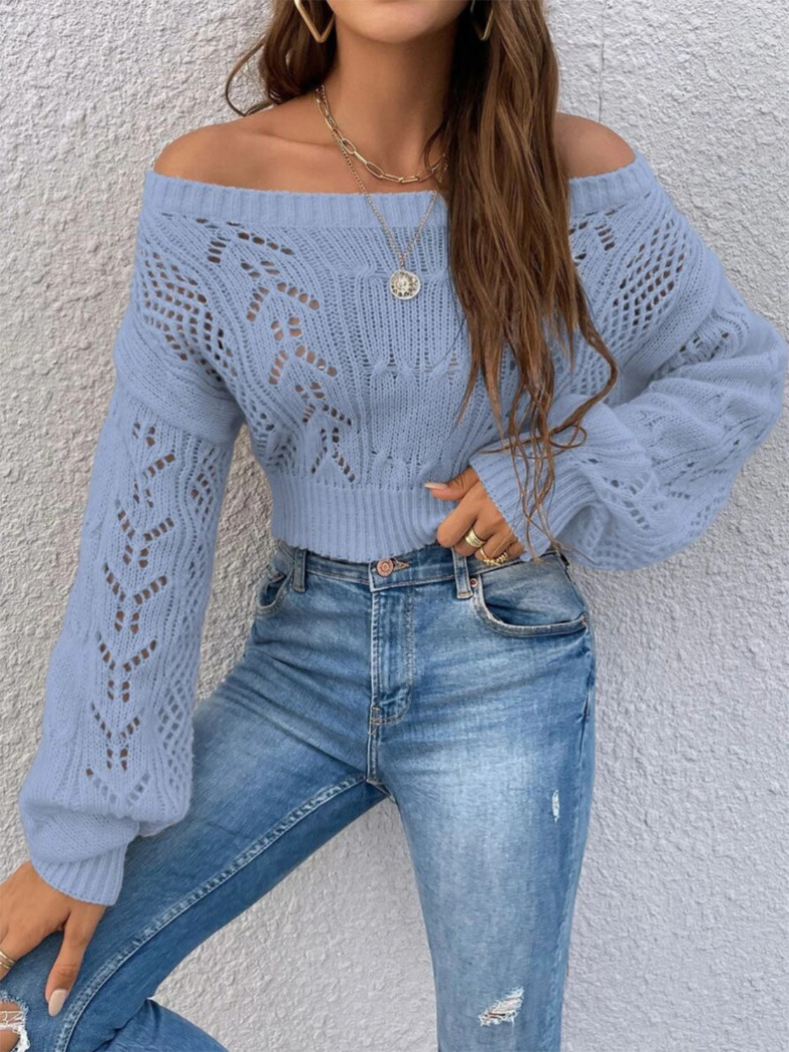 Openwork Off-Shoulder Long Sleeve Sweater - Tantalize Boutique