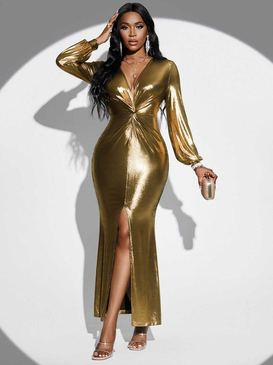 Plunge Twisted Slit Midi Dress - Tantalize Boutique