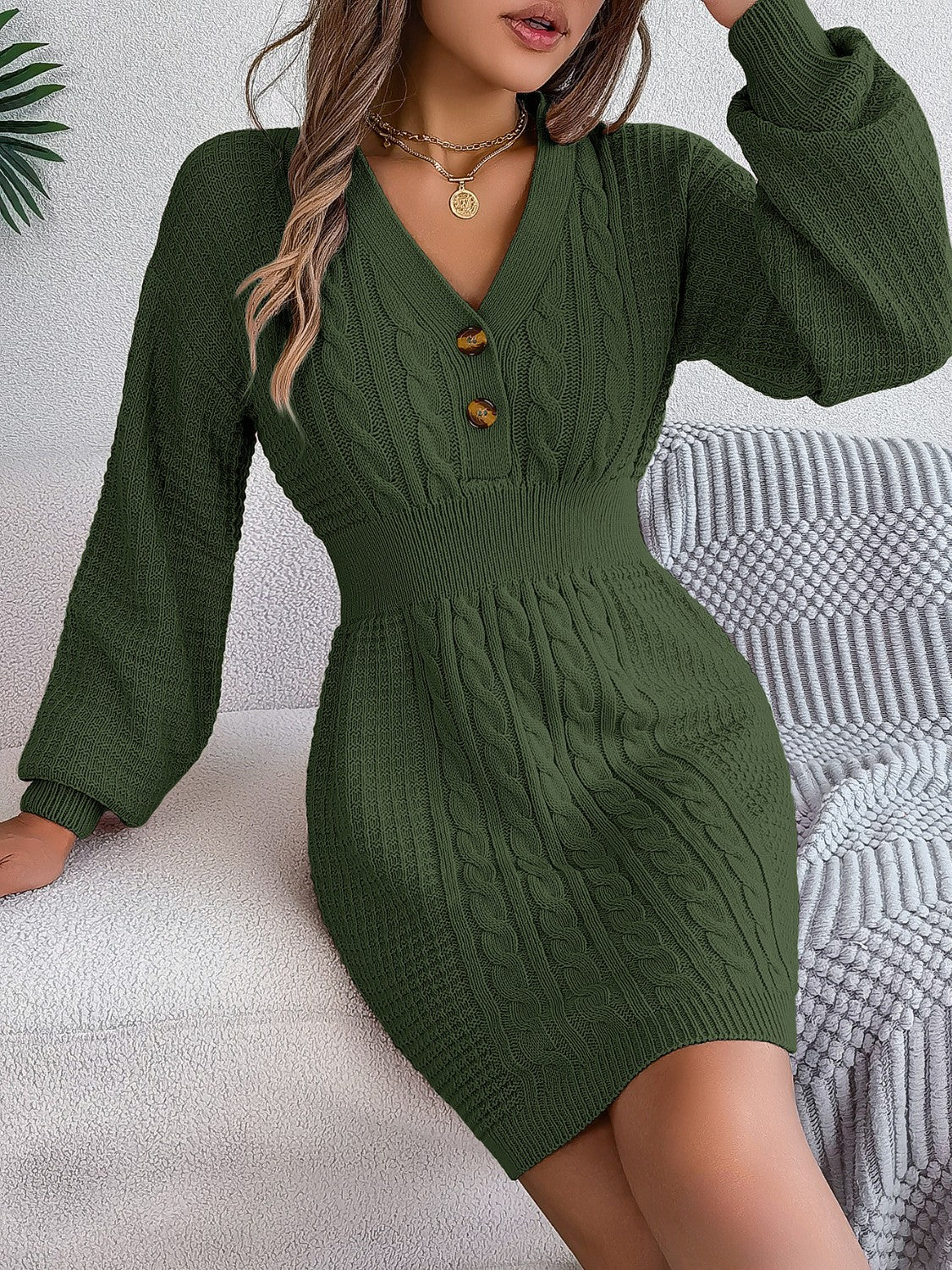 Buttoned Cable-Knit V-Neck Sweater Dress - Tantalize Boutique
