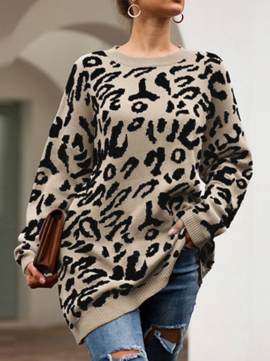 Leopard Round Neck Tunic Sweater - Tantalize Boutique