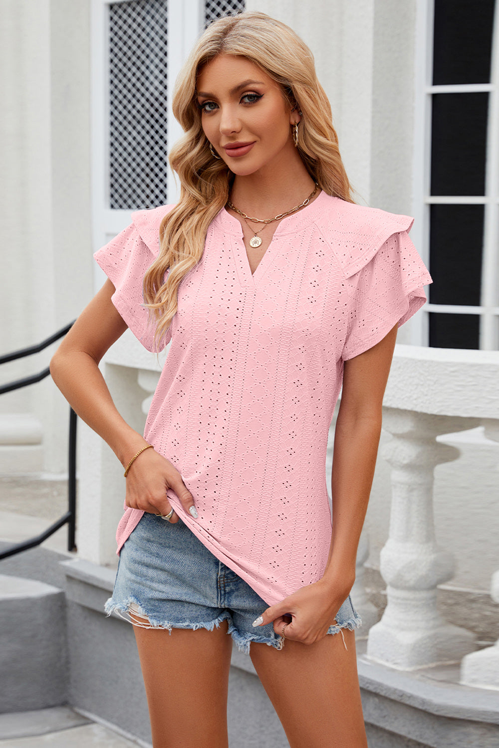 Eyelet Notched Short Sleeve T-Shirt - Tantalize Boutique