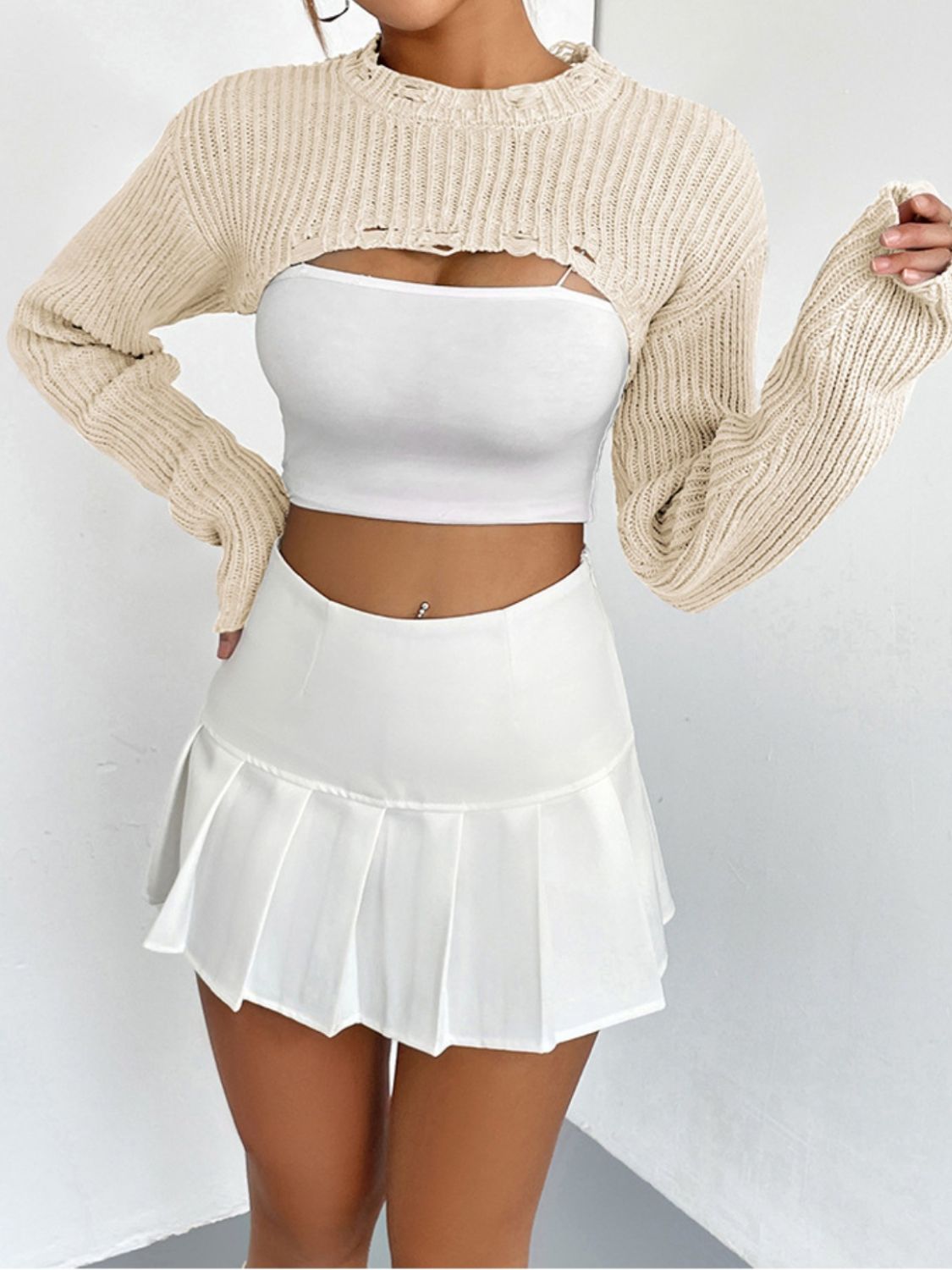 Distressed Long Sleeve Cropped Sweater - Tantalize Boutique