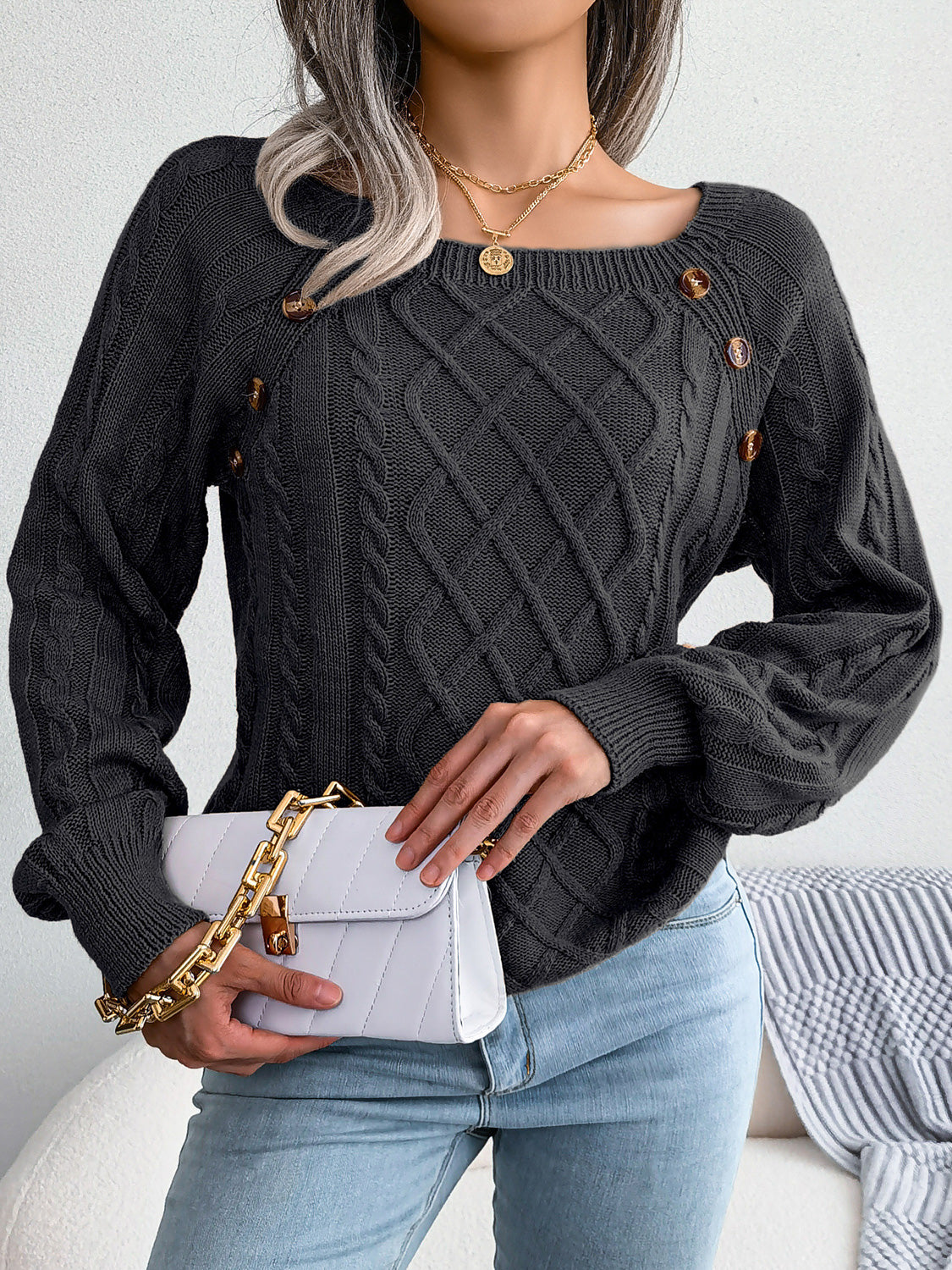 Decorative Button Cable-Knit Sweater - Tantalize Boutique