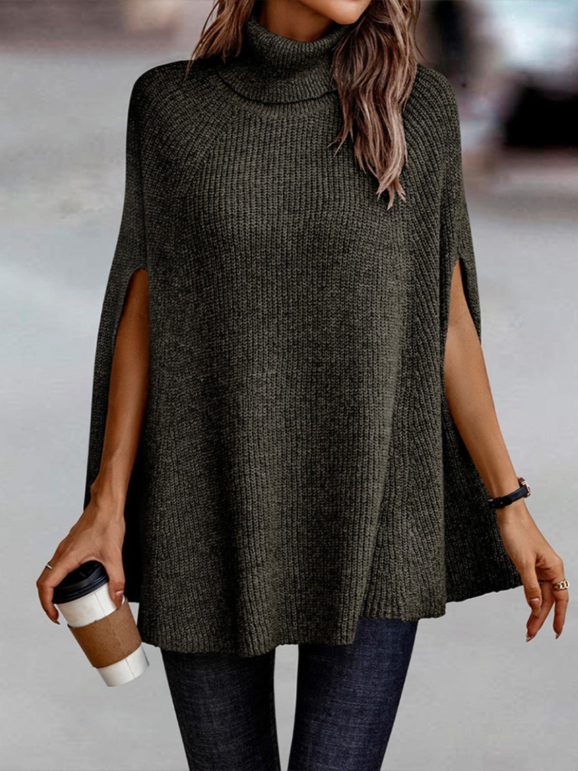 Turtleneck Dolman Sleeve Poncho - Tantalize Boutique