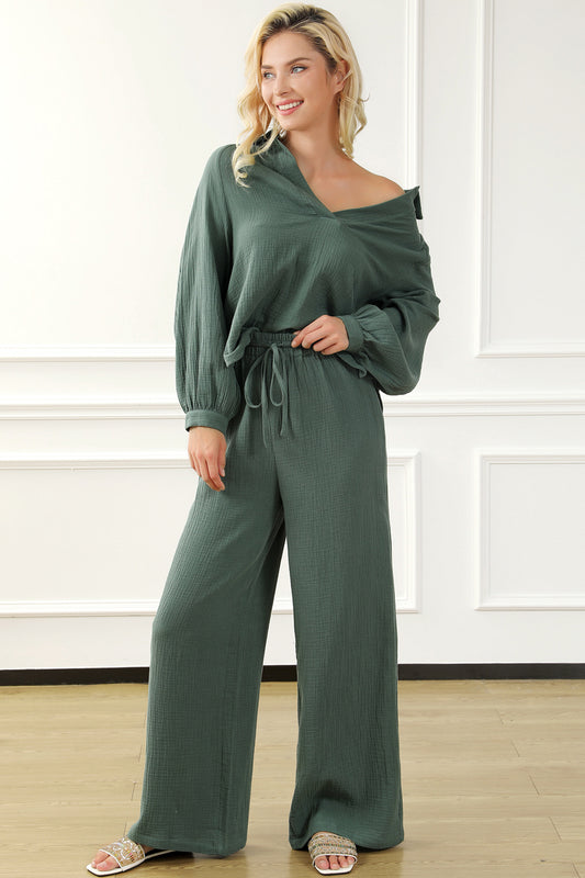 Collared Neck Top and Drawstring Pants Set - Tantalize Boutique