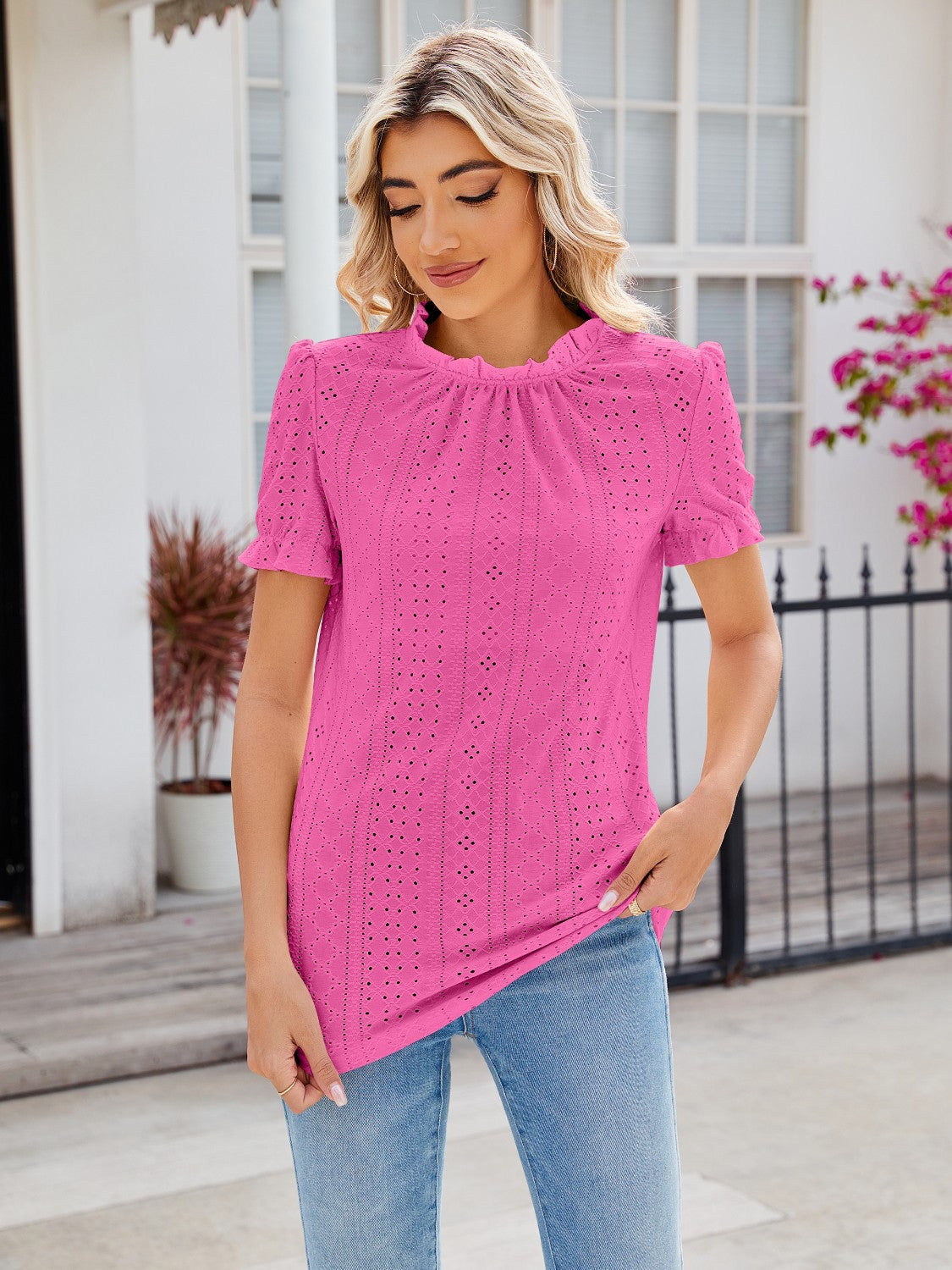 Eyelet Frill Mock Neck Flounce Sleeve Blouse - Tantalize Boutique