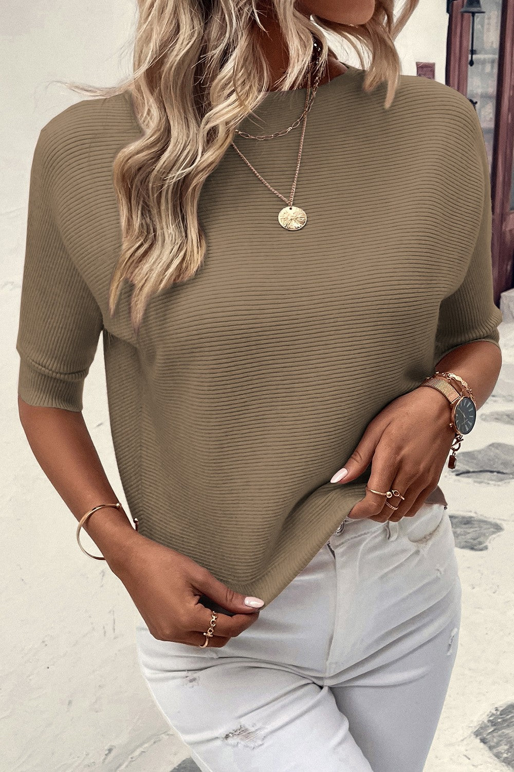 Round Neck Half Sleeve Knit Top - Tantalize Boutique
