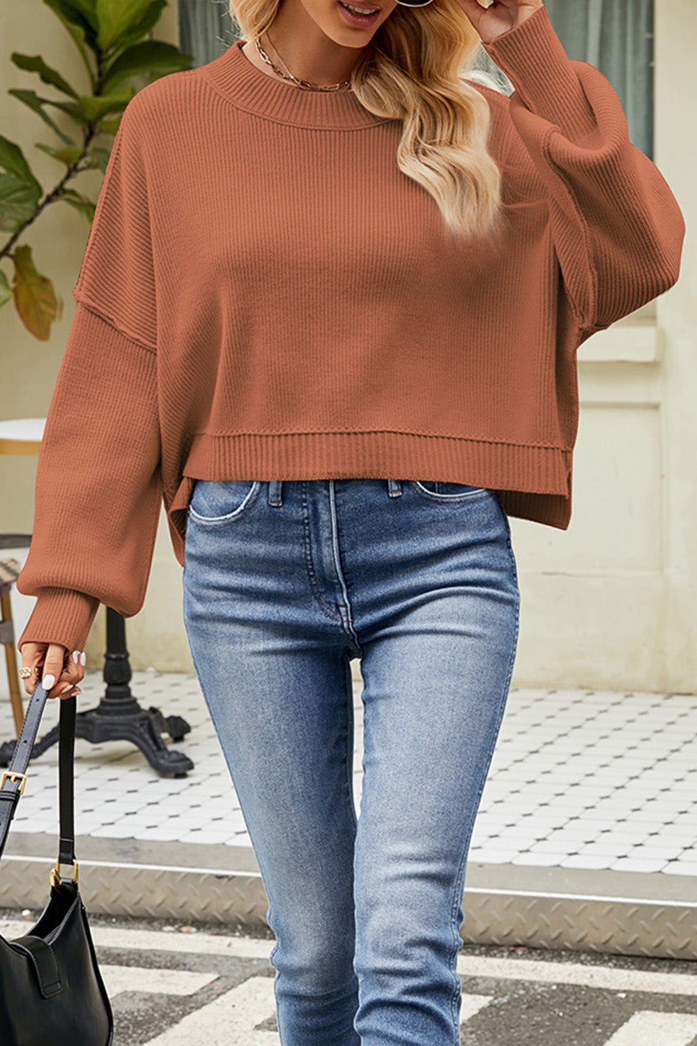 Round Neck Dropped Shoulder Sweater - Tantalize Boutique