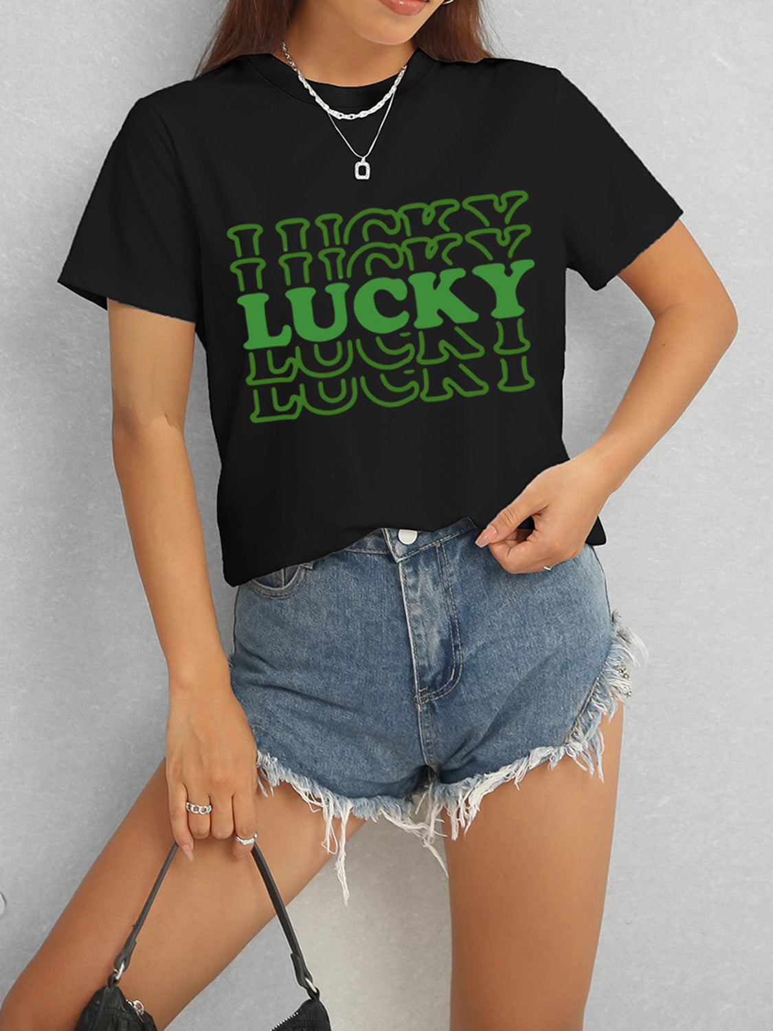 LUCKY Round Neck Short Sleeve T-Shirt - Tantalize Boutique