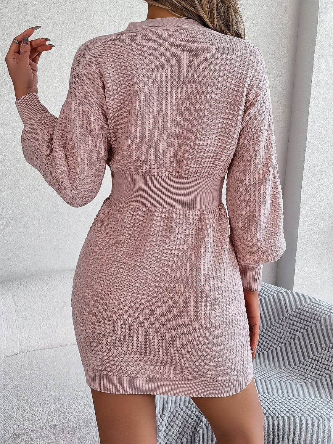 Buttoned Cable-Knit V-Neck Sweater Dress - Tantalize Boutique