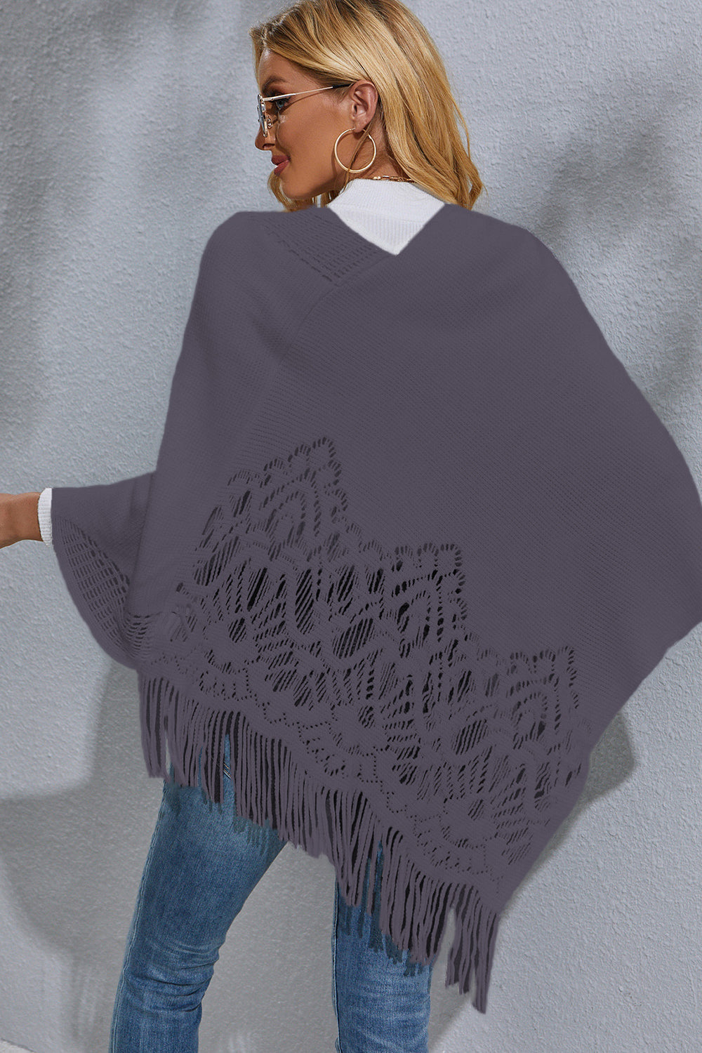 Round Neck Fringe Detail Poncho - Tantalize Boutique