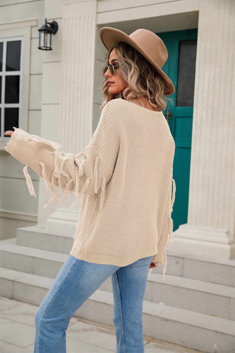 Fringe Round Neck Dropped Shoulder Sweater - Tantalize Boutique