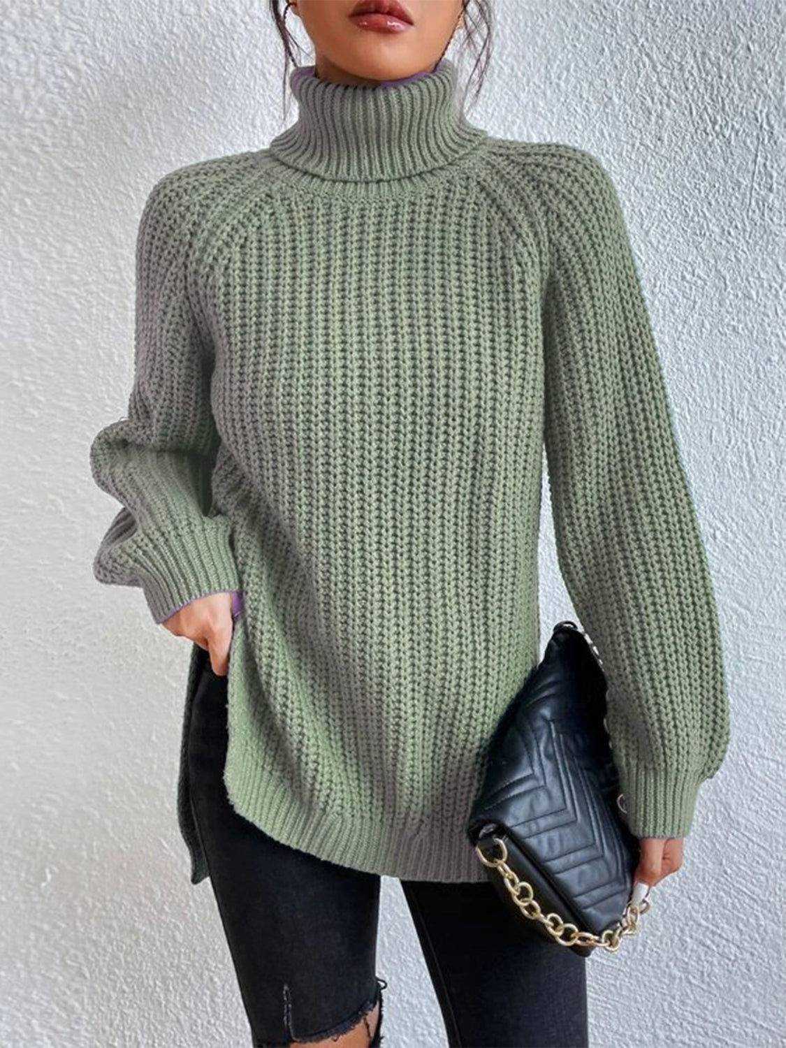 Full Size Turtleneck Rib-Knit Slit Sweater - Tantalize Boutique