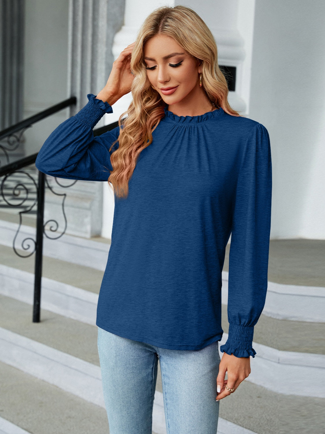 Frill Mock Neck Long Sleeve Blouse - Tantalize Boutique