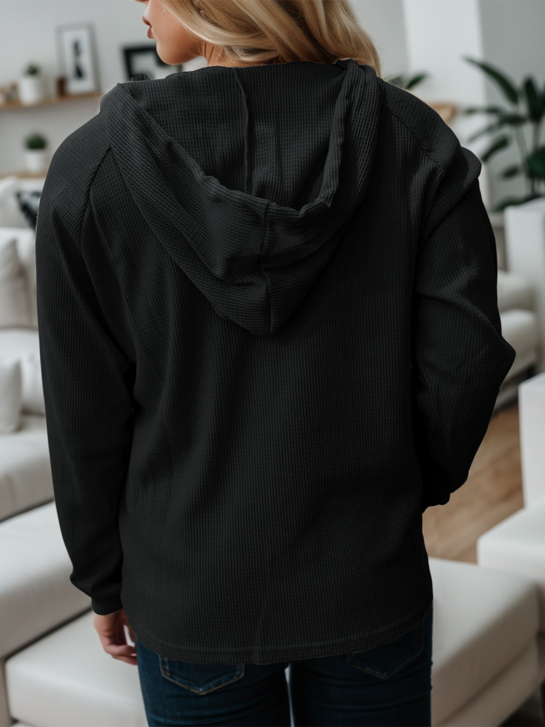 Waffle-Knit Drawstring Quarter Button Hoodie - Tantalize Boutique