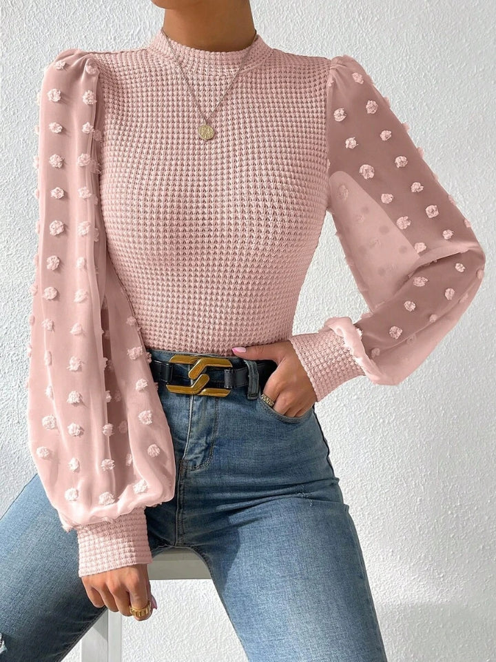 Swiss Dot Waffle-Knit Lantern Sleeve T-Shirt - Tantalize Boutique