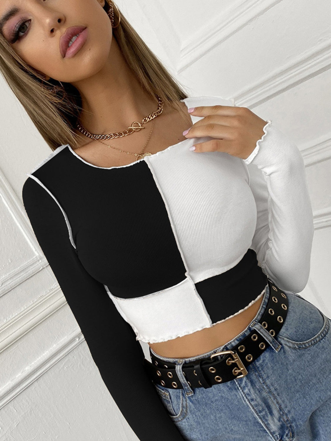 Exposed Seam Color Block Long Sleeve T-Shirt - Tantalize Boutique