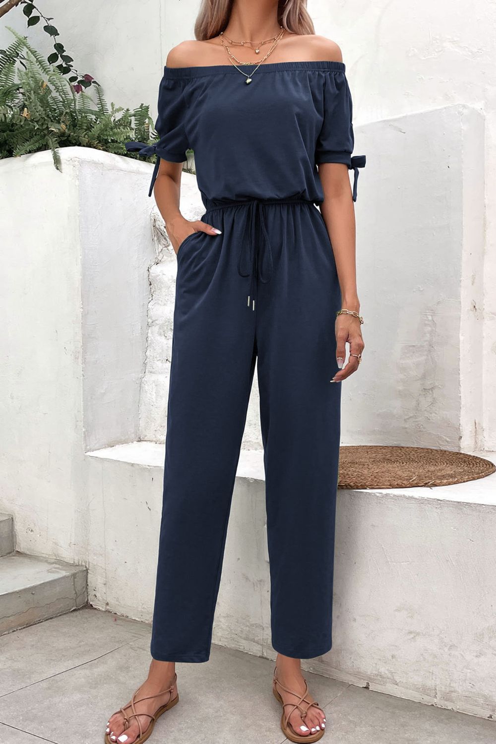 Off-Shoulder Tie Cuff Jumpsuit with Pockets - Tantalize Boutique
