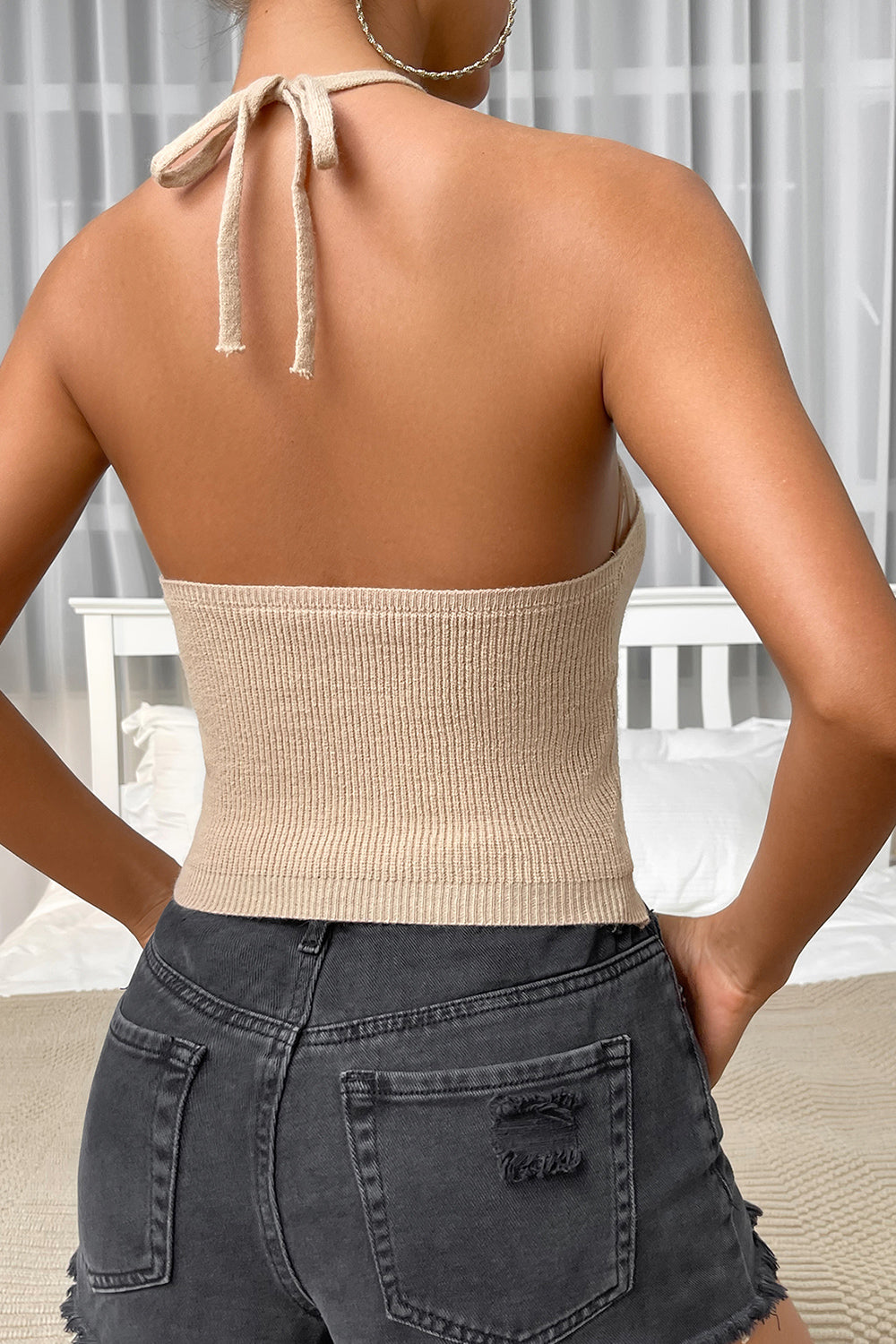 Halter Neck Ribbed Cropped Knit Top - Tantalize Boutique
