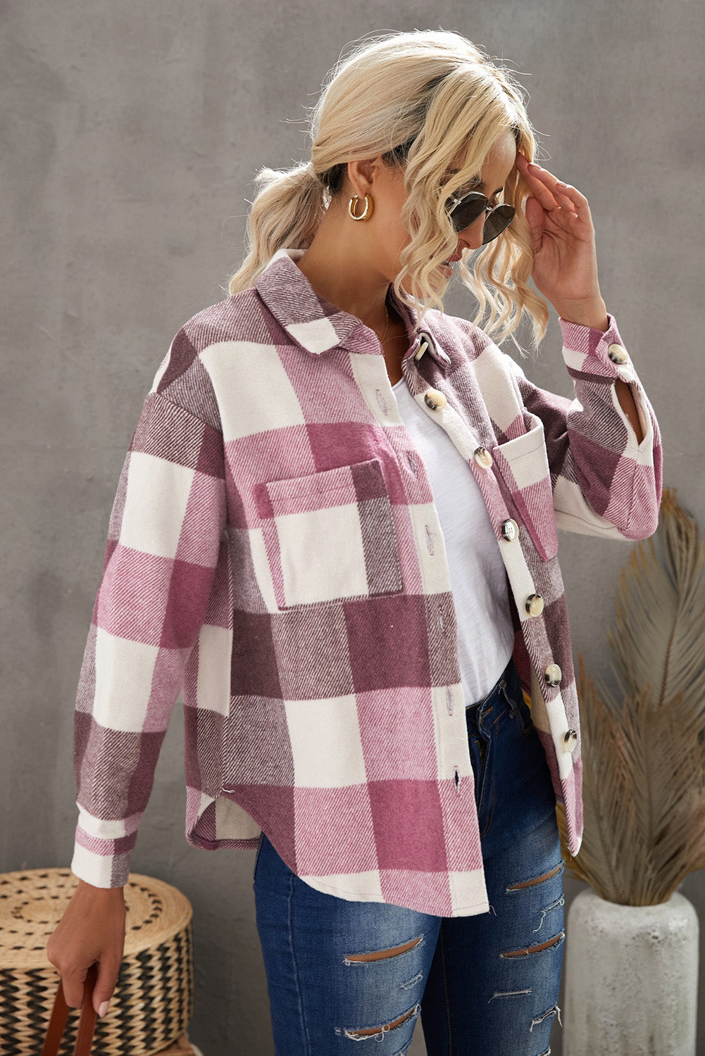 Plaid Button Up Dropped Shoulder Jacket - Tantalize Boutique
