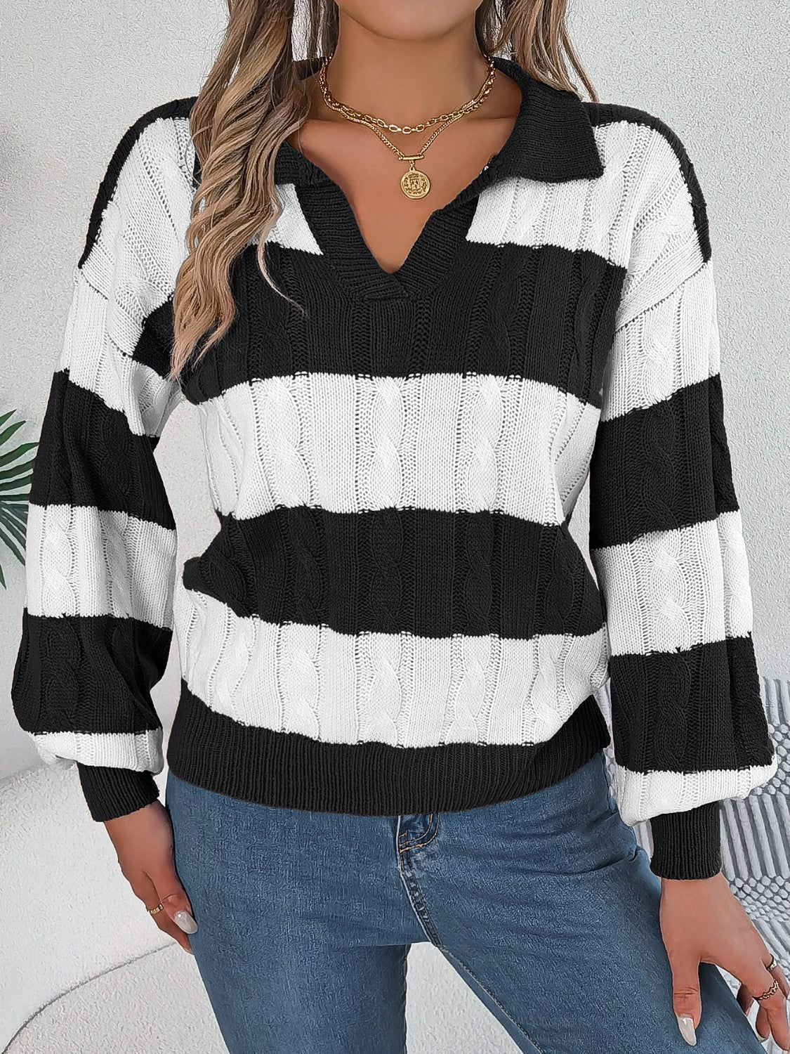 Cable-Knit Striped Long Sleeve Sweater - Tantalize Boutique