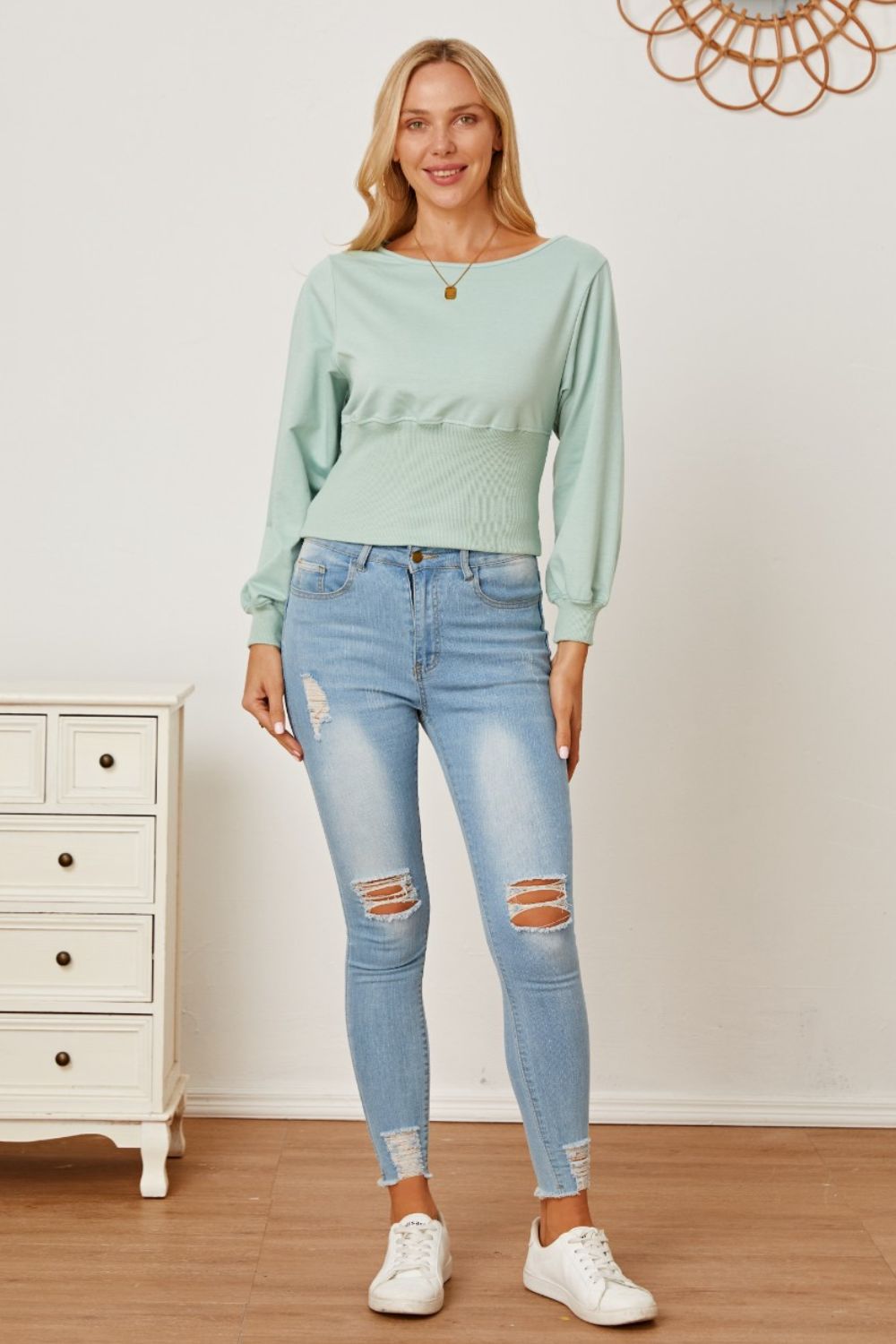 Boat Neck Lantern Sleeve Blouse - Tantalize Boutique