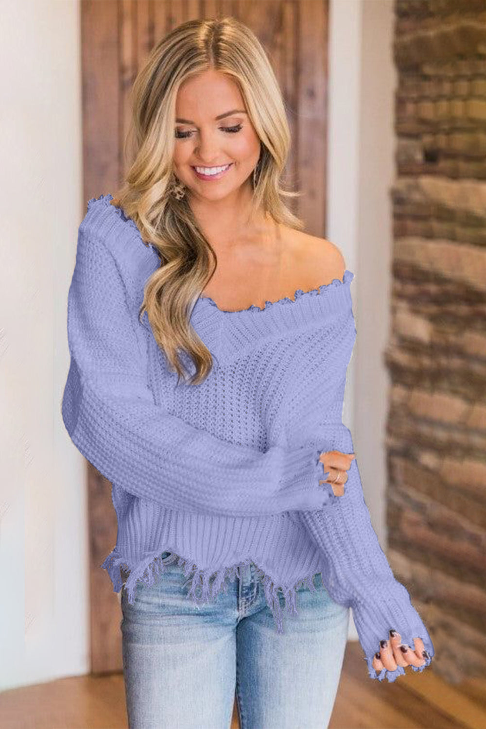 Frayed Hem Dropped Shoulder Sweater - Tantalize Boutique