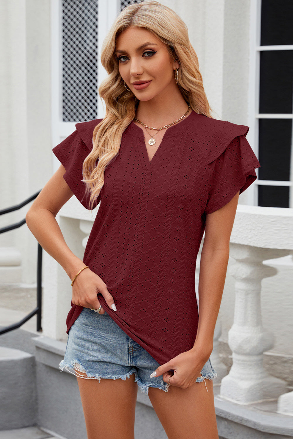 Eyelet Notched Short Sleeve T-Shirt - Tantalize Boutique
