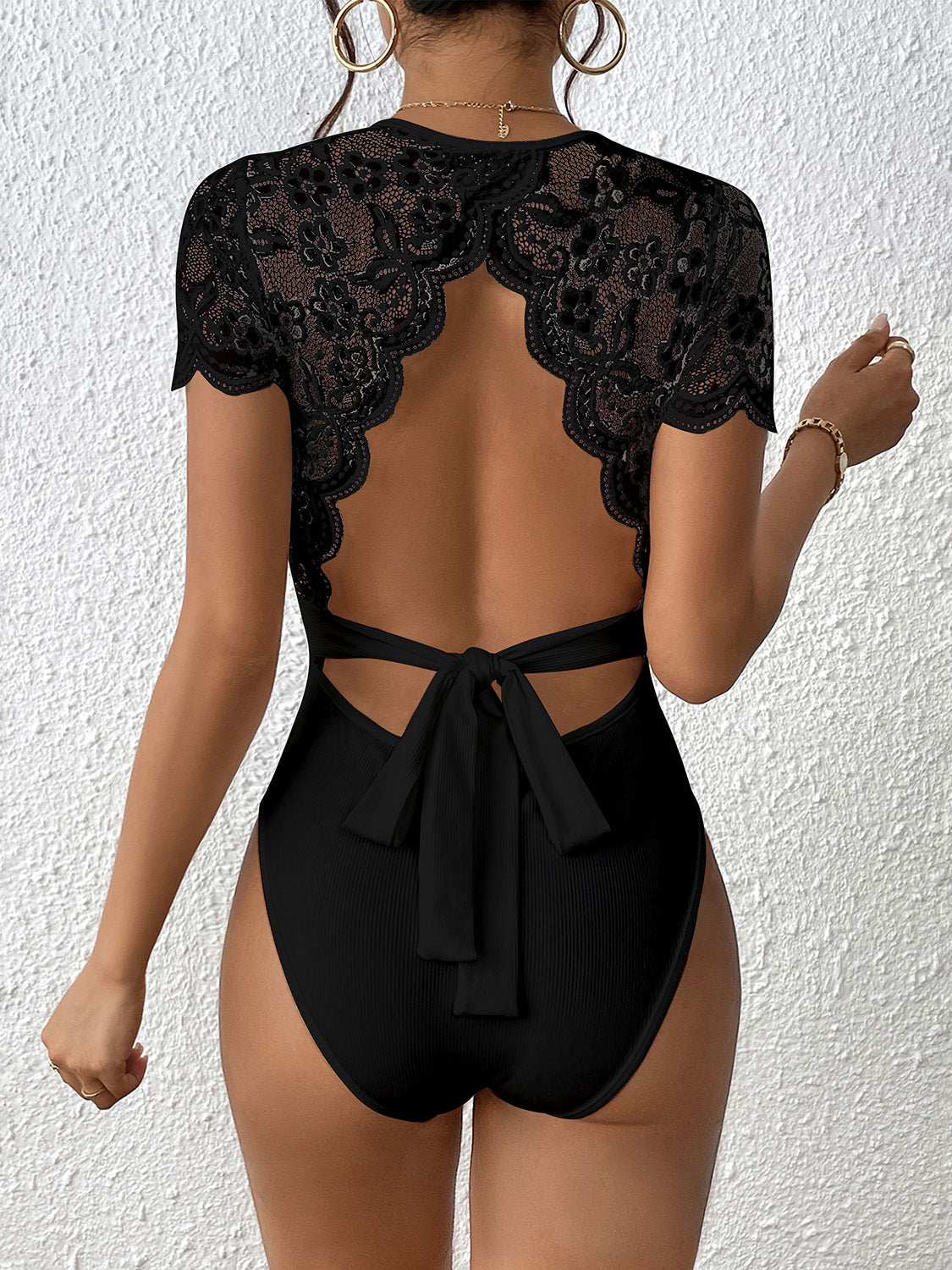 Lace Backless Round Neck Bodysuit - Tantalize Boutique