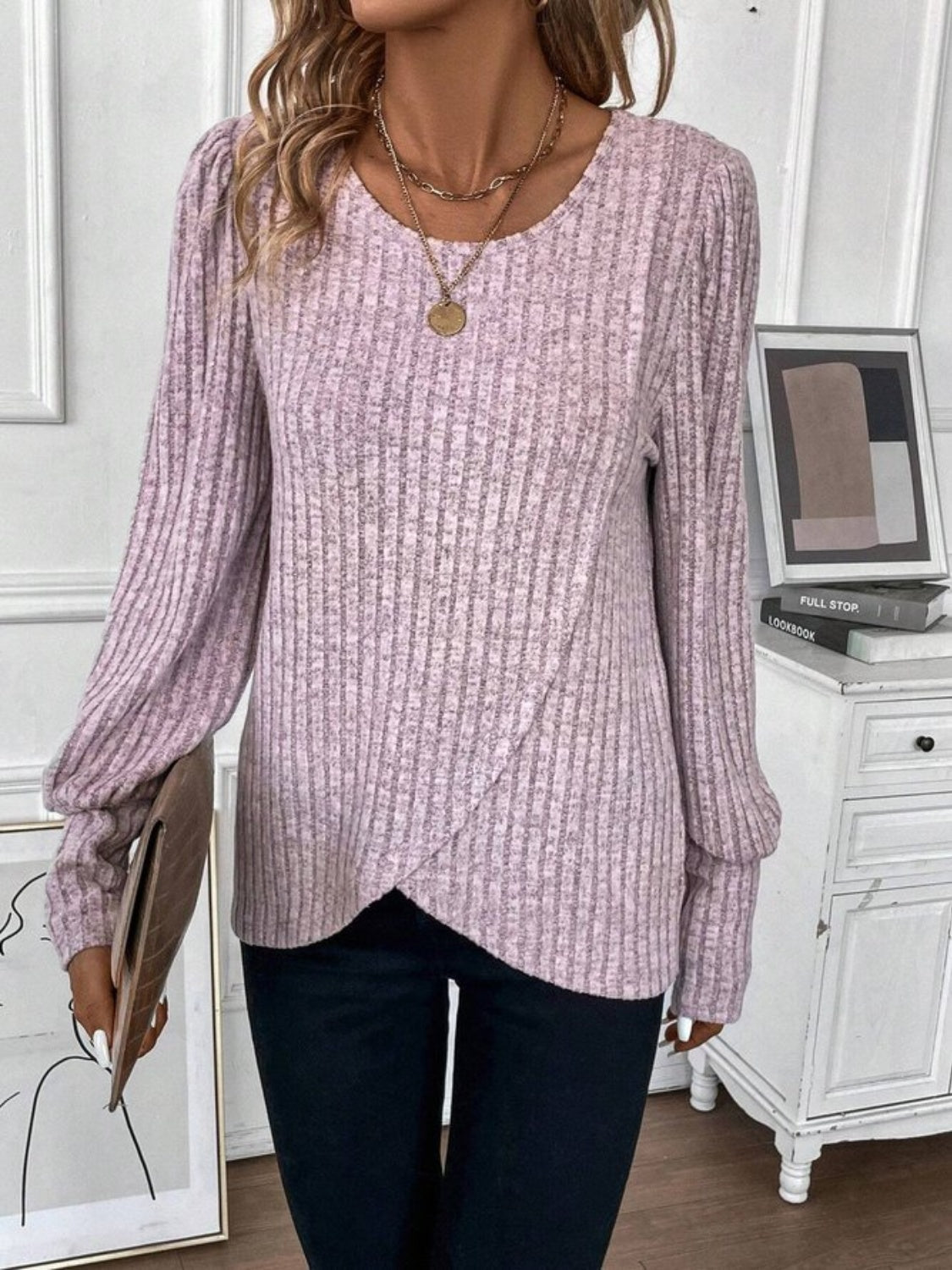 Ribbed Round Neck Long Sleeve Knit Top - Tantalize Boutique